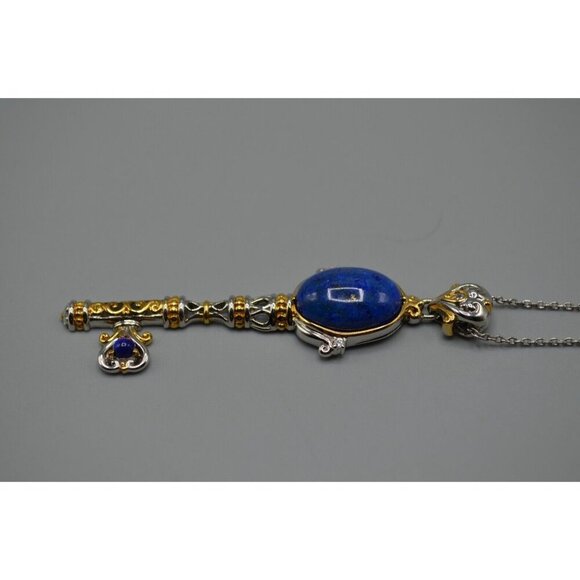 Key Pendant Lapis Lazuli Accents SV 925 NH Stamp Sterling Silver Chain Vermeil - Picture 3 of 12